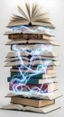 Energetic Knowledge: Stack of Books with Glowing Energy Trails Royalty Free Stock Photo