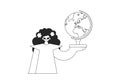 The energetic lady with the globe. Learning subject. Gloomy and white line craftsmanship. Trendy style, Vector Illustration