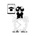 Energetic lady with scratch pad and caution clock. Learning subject. Dim and white line craftsmanship. Trendy style, Vector