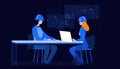 Energetic Lady Working on Laptop with Engineer in Animated Solar Style. Perfect for Web Design.