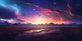 Energetic landscape at sunset with vibrant colors and nightcore music vibes. Concept Surreal Landscape, Vibrant Colors, Sunset