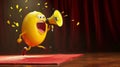 An energetic lemon performer jumping on stage with a megaphone shouting Sour jokes coming at you liv