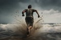 Energetic Man run beach sea sky. Generate Ai Royalty Free Stock Photo