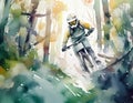 Energetic mountain biker speeds through a lush forest trail, splashing mud. The art, with a watercolor effect, captures motion and Royalty Free Stock Photo