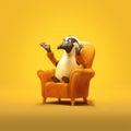 Energetic Penguin In Chair: Photorealistic 3d Rendering On Yellow Background