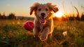 An energetic puppy chasing after a ball.