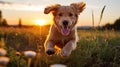 An energetic puppy chasing after a ball.