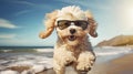 Energetic puppy leaps onto the beach, rocking adorable sunglasses, a pawfect blend of playfulness, Ai Generated