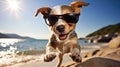 Energetic puppy leaps onto the beach, rocking adorable sunglasses, a pawfect blend of playfulness, Ai Generated
