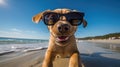 Energetic puppy leaps onto the beach, rocking adorable sunglasses, a pawfect blend of playfulness, Ai Generated