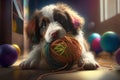 Energetic puppy playing tug-of-war with a ball of yarn and a chew toy in a colorful playroom Royalty Free Stock Photo