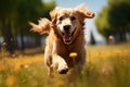 Energetic retriever bounds through lush field, a golden streak of joy