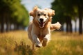 Energetic retriever bounds through lush field, a golden streak of joy