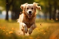 Energetic retriever bounds through lush field, a golden streak of joy