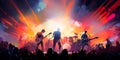 Energetic risographic illustration of a music band performing on stage, with dynamic movements and electrifying
