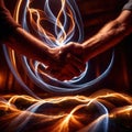 Shaking hands, dynamic photo of friendship, agreement, and trust with dynamic light streaks Royalty Free Stock Photo