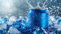 An energetic splash of ice and water surrounds a chilled blue soda can.