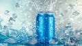 An energetic splash of ice and water surrounds a chilled blue soda can.