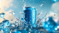 An energetic splash of ice and water surrounds a chilled blue soda can.