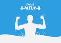 Energetic strong milk man with milk splash, healthy drinking milk concept vector illustration