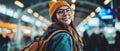 Energetic Traveler At Airport With Passport, Ready For Her Next Adventure Royalty Free Stock Photo