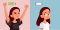 Energetic vs Tired Teen Girl Vector Cartoon Illustration