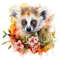 Energetic Watercolor Baby Lemur Among Madagascar Trees with Vibrant Blooms on White Background AI Generated