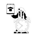 Energetic woman with scratch cushion and caution clock. Learning subject. Dim and white line craftsmanship. Trendy style, Vector