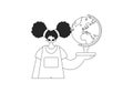 The energized lady with the globe. Learning subject. Miserable and white line craftsmanship. Trendy style, Vector Illustration