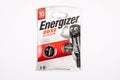 Energizer 2032 Lithium Coin Battery. Cardboard and plastic packaging. White background Royalty Free Stock Photo