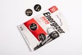 Energizer 2032 Lithium Coin Battery. Cardboard and plastic packaging. White background