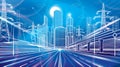 Wide illuminated highway. Train rides. Modern night town. Traffic neon lights. Cars motion. Infrastructure outlines illustration, Royalty Free Stock Photo