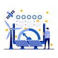 Energy analysis concept with character. People analyzing power data. Future energy with solar cell and wind. Futuristic chart of