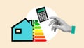 Energy Audit. Energy Efficient House, House Audit And Rate Label. Collage with house, calculator and hand Royalty Free Stock Photo