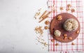 Energy balls cakes with almonds, sesame, cashew, walnuts, dates and germinated wheat in glass jar, top view Royalty Free Stock Photo