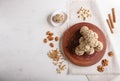 Energy balls cakes with almonds, sesame, cashew, walnuts, dates and germinated wheat, top view, copy space Royalty Free Stock Photo