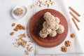Energy balls cakes with almonds, sesame, cashew, walnuts, dates and germinated wheat, top view, copy space Royalty Free Stock Photo