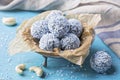 Energy balls with nuts, hemp hearts and blue spirulina