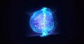 Energy blue glowing cosmic magic sphere, futuristic round high-tech ball bright atom made of electricity, background