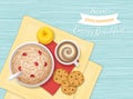 Energy Breakfast. Food, bakery,drink, fruit. Closeup of oatmeal Porridge with berries, chocolate biscuits, coffee with foam, apple Royalty Free Stock Photo