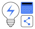 Energy Concept with Electric Bolt in Light Bulb, Calculator, and Sharing Network Icon Royalty Free Stock Photo