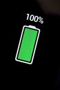 energy concept, full charged battery level indicator on a smartphone display