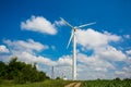 Energy concept. Single wind turbine set up in farmland in summer. Alternative electricity source Royalty Free Stock Photo