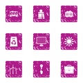 Energy conveyance icons set, grunge style