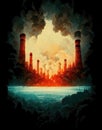 energy crisis dangerous way, sky becoming dark clouds of industry, asbtract illustration, ai generated image