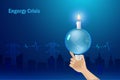 Energy crisis, shortage and demand of electricity energy. Hand holing globe with candle lighting with ECG EKG medical health