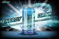 Energy drink ads. Energy drink aluminum can with splash and bright lightnings on dark background. Realistic 3d Royalty Free Stock Photo