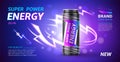 Energy drink banner. 3D realistic aluminium can with super power beverage. Shining lightning. Dark backdrop with light