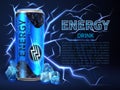 Energy drink can surrounded of electrical discharges and sparks on dark blue. Packaging advertising vector background