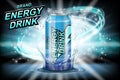 Energy drink label ads with ice cubes on dark background. Package design energy drink for poster or banner. Realistic